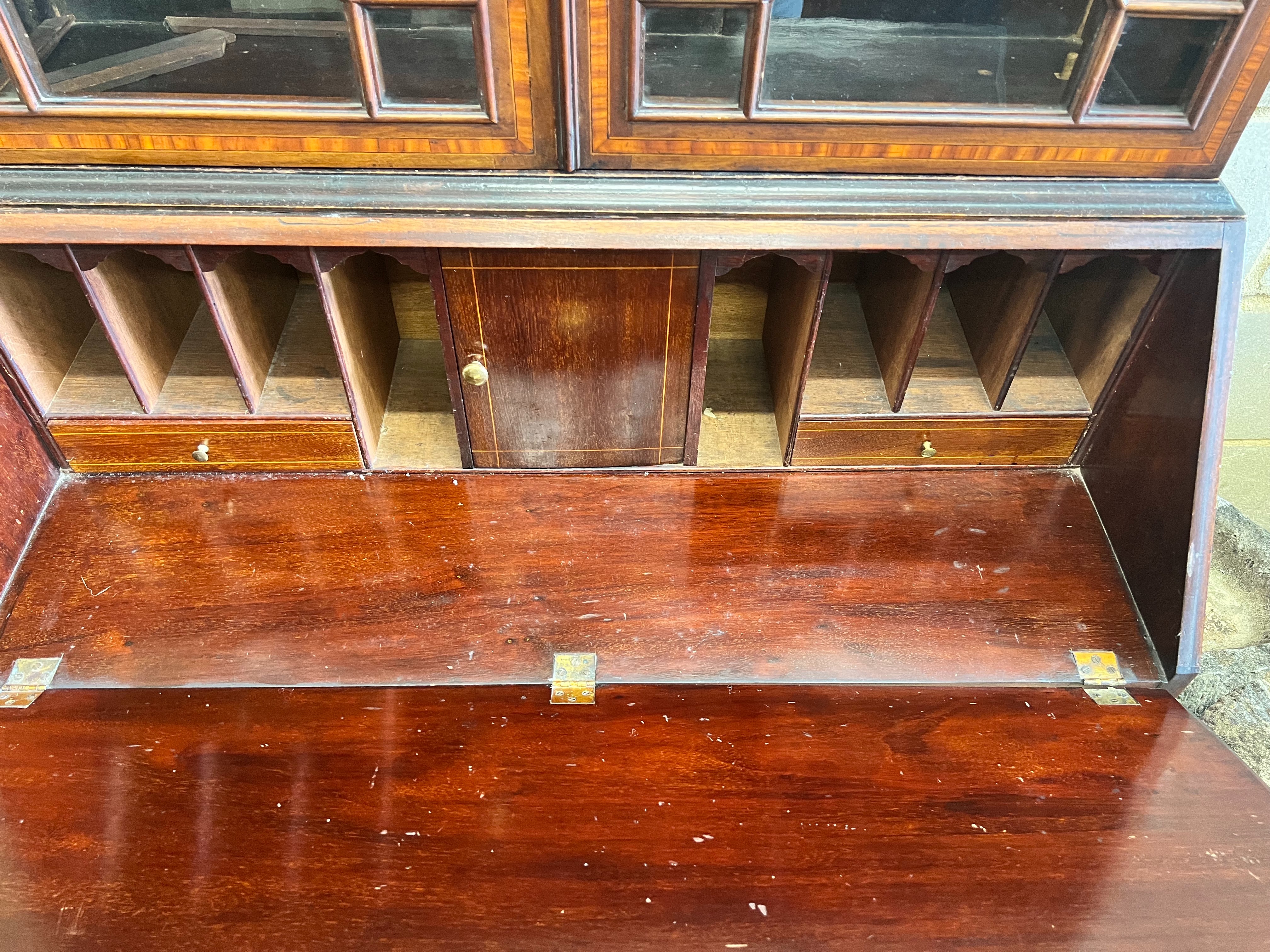 An Edwardian inlaid mahogany bureau bookcase, width 92cm depth 46cm height 205cm